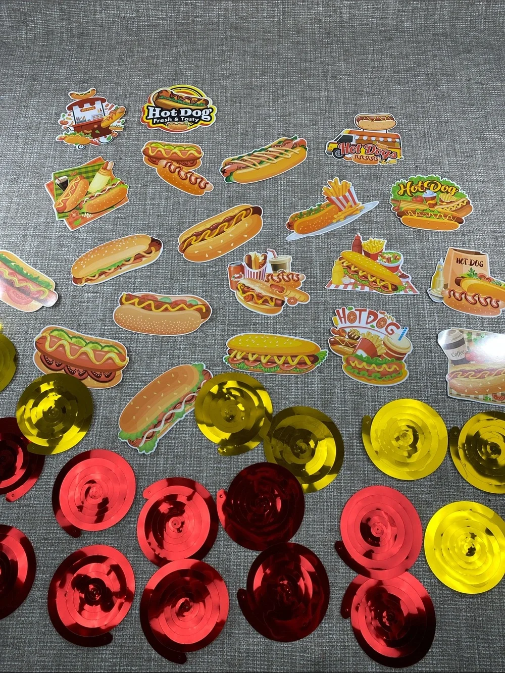 Hot Dog Party ceiling Confetti spirals  - Yellow and Red food truck decor